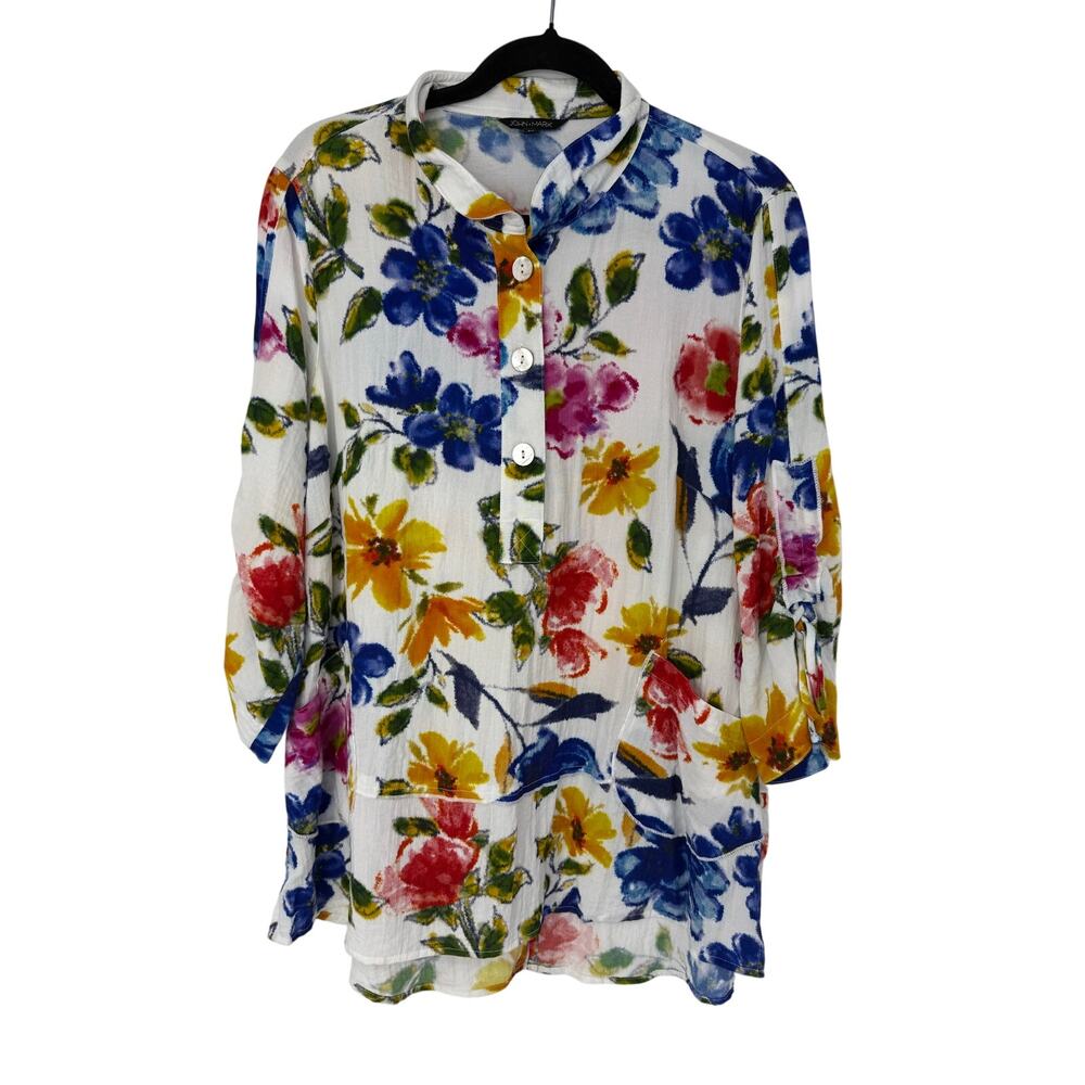 John Mark Floral Tunic Top Boho Peasant Blouse Multicolor Button 3/4 Sleeve M